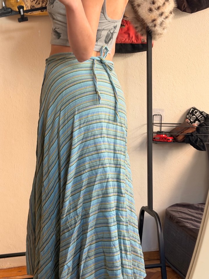 Mavi Çizgili Midi Bohem Etek Bağlamalı - Görsel 3