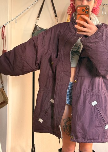 Mor Kadın Midi Kaban, Kürklü, Bol Kesim - Görsel 2