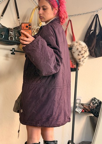 Mor Kadın Midi Kaban, Kürklü, Bol Kesim - Görsel 4