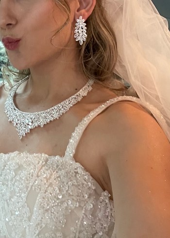 İşlemeli Beyaz Boncuklu Gelin set takımı - Görsel 5