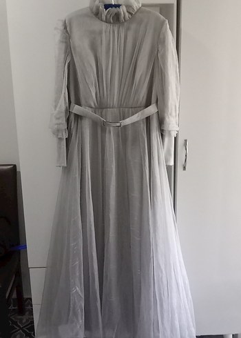 Diğer Uzun Gri Simli Drape Detaylı Abiye