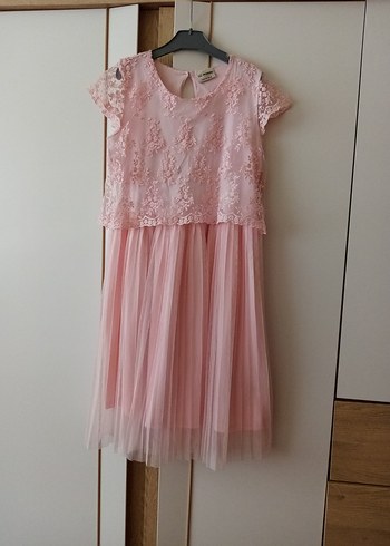 Pembe, Dantel İşlemeli, Askısız Kız Elbisesi - Görsel 7