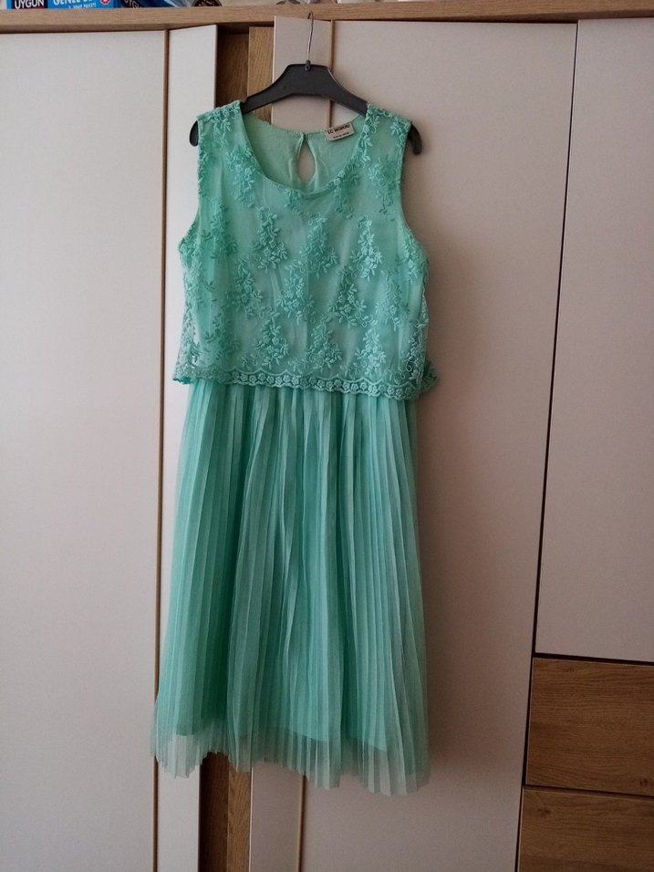 Pembe, Dantel İşlemeli, Askısız Kız Elbisesi - Görsel 5