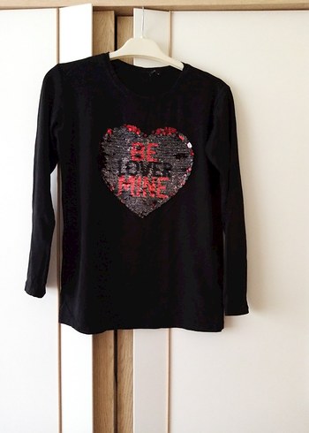 Kız Siyah Uzun Kollu Parlak Kalp Baskılı Tişört - Görsel 2