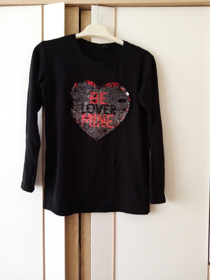 Kız Siyah Uzun Kollu Parlak Kalp Baskılı Tişört - Görsel 2