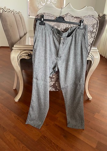 Gri Keten Düğmeli Erkek Pantolon