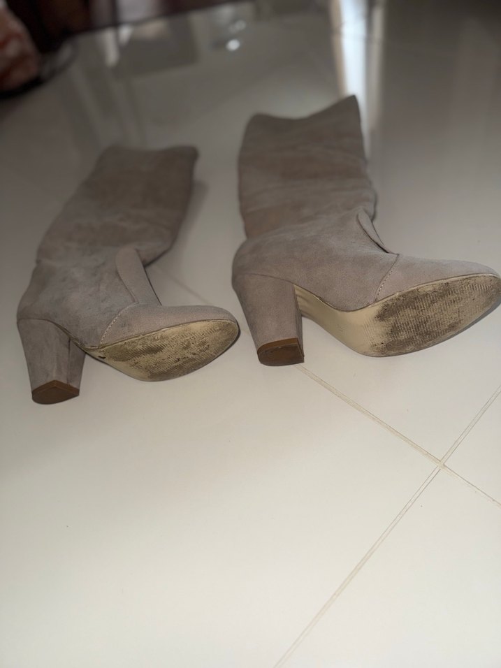 Bej Süet Diz Üstü Kadın Çizme - Görsel 5