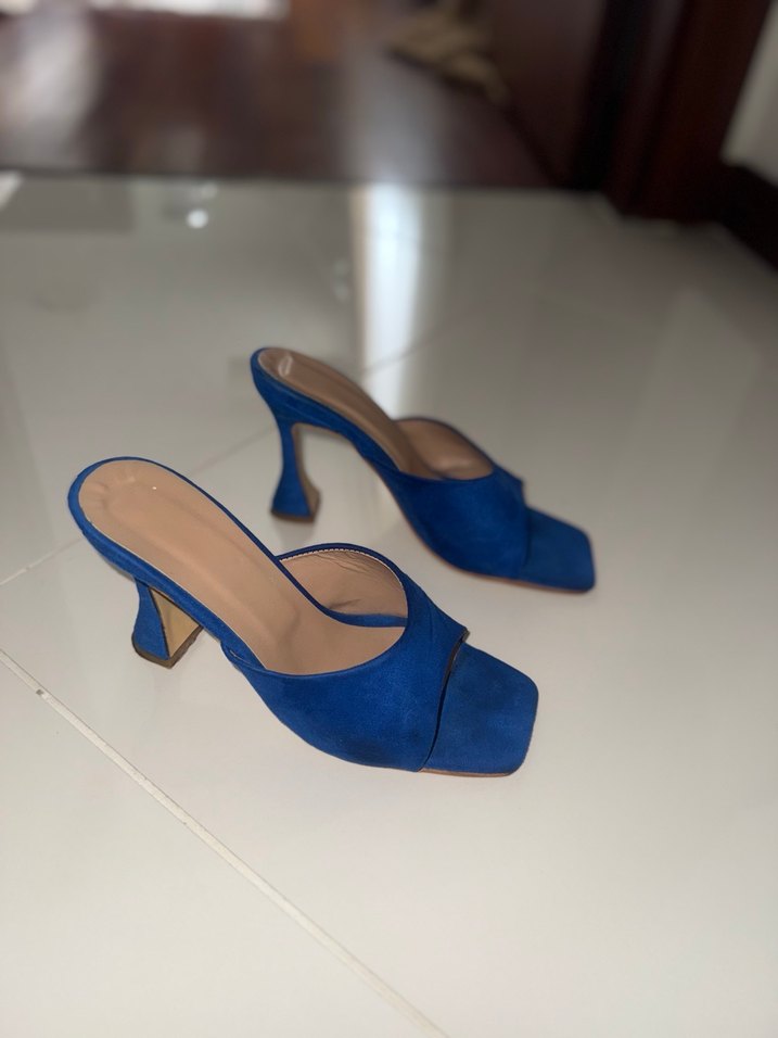 Mavi Süet Tokalı Blok Topuklu Kadın Terlik - Görsel 2