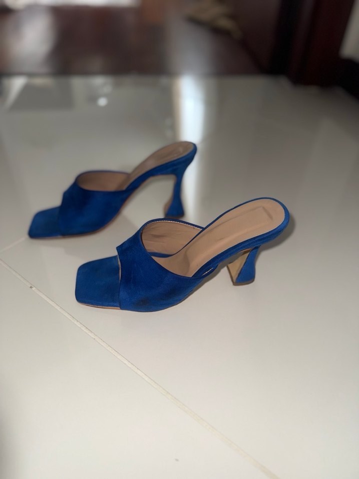Mavi Süet Tokalı Blok Topuklu Kadın Terlik - Görsel 3