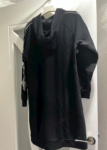 Nakışlı Siyah Kapüşonlu Uzun Kadın sweat - Görsel 4