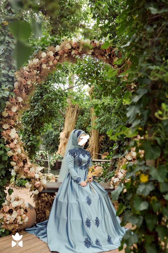 Drapeli Mavi İşlemeli Uzun Kollu Nişan Elbisesi - Görsel 4