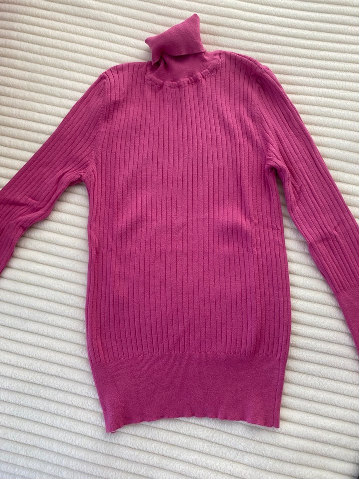 Pembe Yüksek Yakalı Triko Kadın Kazak - Görsel 3