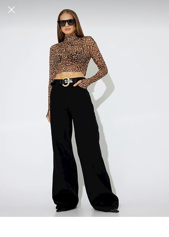 Kadın Siyah Geniş Kesim Kemerli jeans Pantolon - Görsel 2