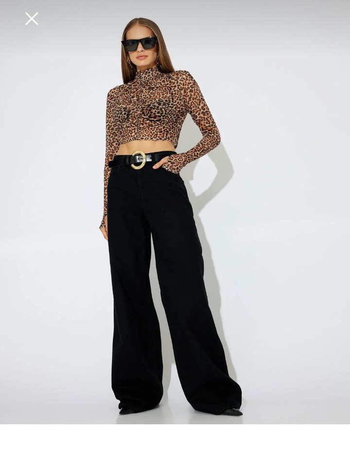 Kadın Siyah Geniş Kesim Kemerli jeans Pantolon - Görsel 2