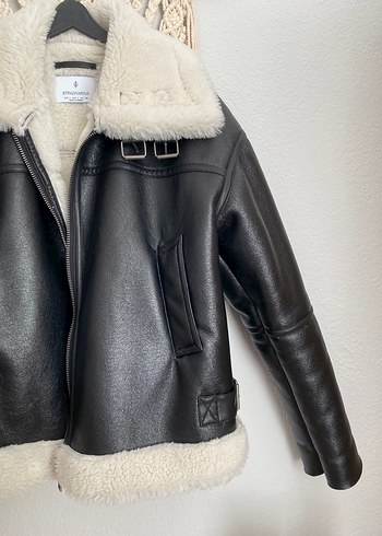 Siyah Kürklü Deri Biker Ceket - Görsel 4