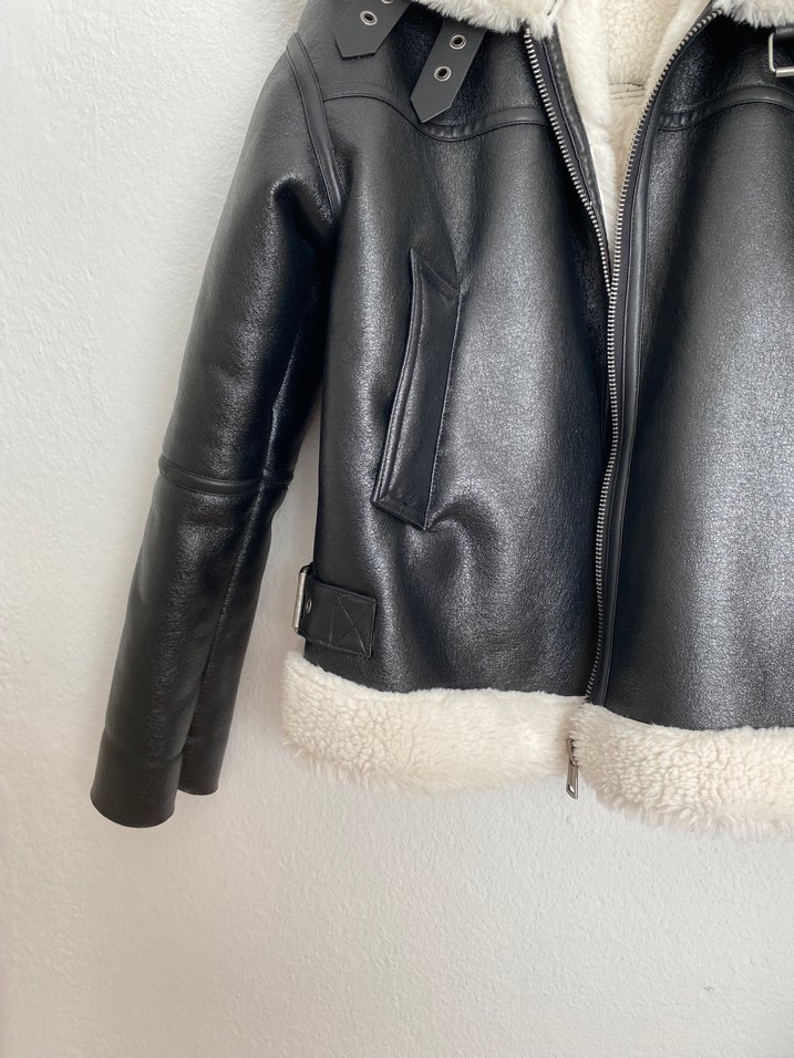 Siyah Kürklü Deri Biker Ceket - Görsel 3