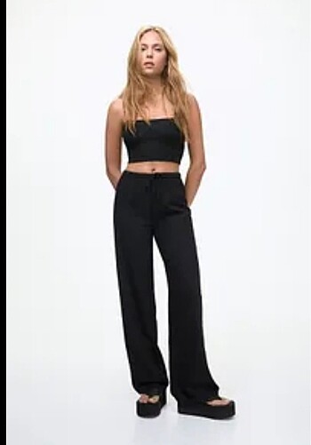 Pull&bear siyah dökümlü keten pantolon