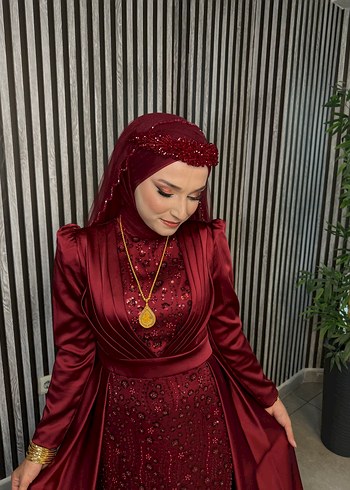 Abiye Bordo İşlemeli Uzun Abiye Elbise