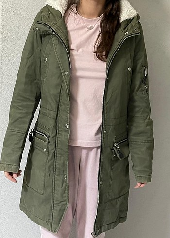 Kadın Haki  keten kumaş kapüşonlu m /s uyumlu kaban - Görsel 3