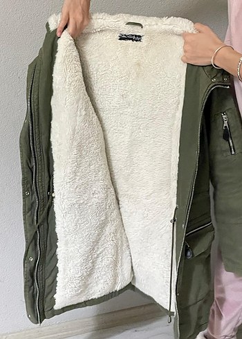 Kadın Haki  keten kumaş kapüşonlu m /s uyumlu kaban - Görsel 2