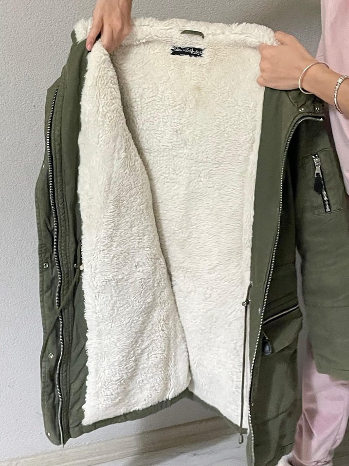 Kadın Haki  keten kumaş kapüşonlu m /s uyumlu kaban - Görsel 2