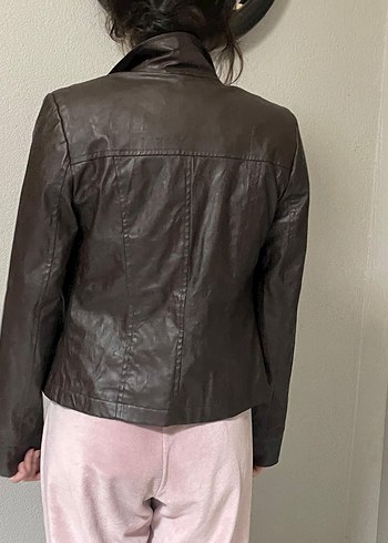 Kahverengi Deri Yüksek Yakalı Kadın Ceket s beden - Görsel 5