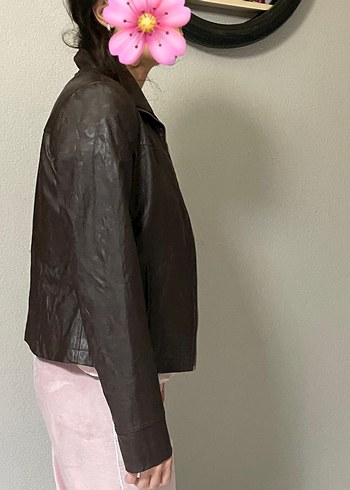 Kahverengi Deri Yüksek Yakalı Kadın Ceket s beden - Görsel 3