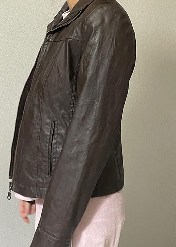 Kahverengi Deri Yüksek Yakalı Kadın Ceket s beden - Görsel 4