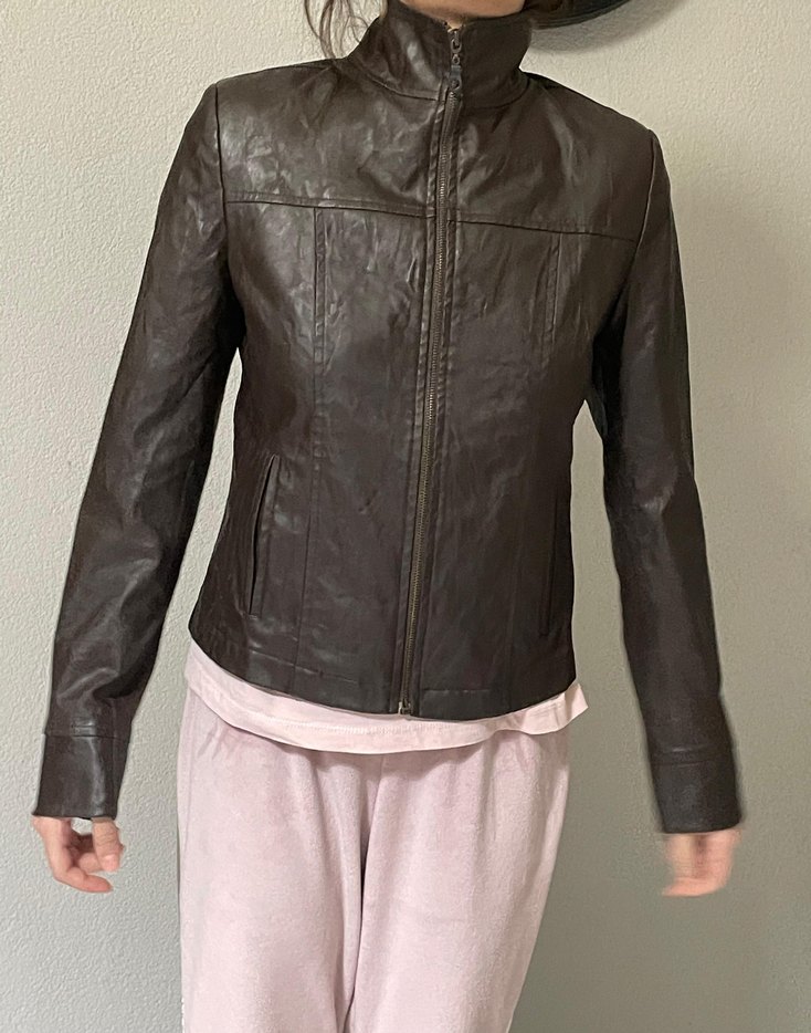 Kahverengi Deri Yüksek Yakalı Kadın Ceket s beden - Görsel 2