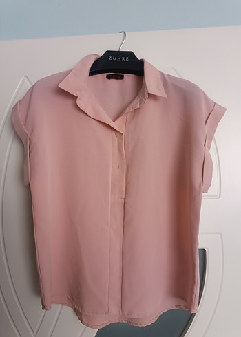 Düğmeli Pembe Kısa Kollu Kadın Gömlek - Görsel 2