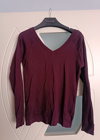 Bordo V Yaka Pamuklu Kadın Kazak - Görsel 2