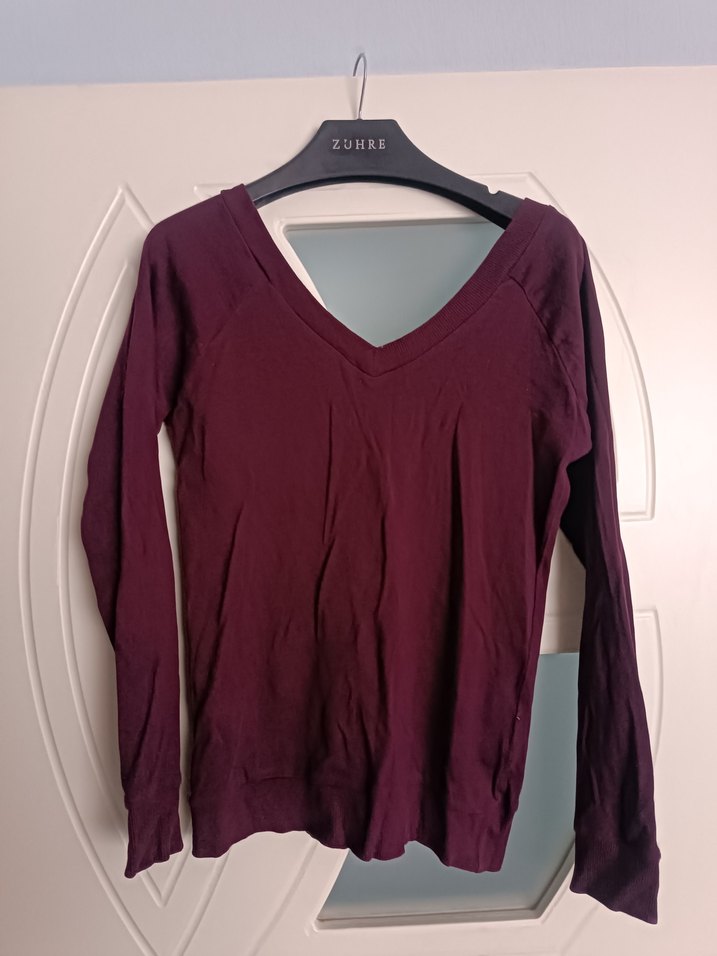 Bordo V Yaka Pamuklu Kadın Kazak - Görsel 2