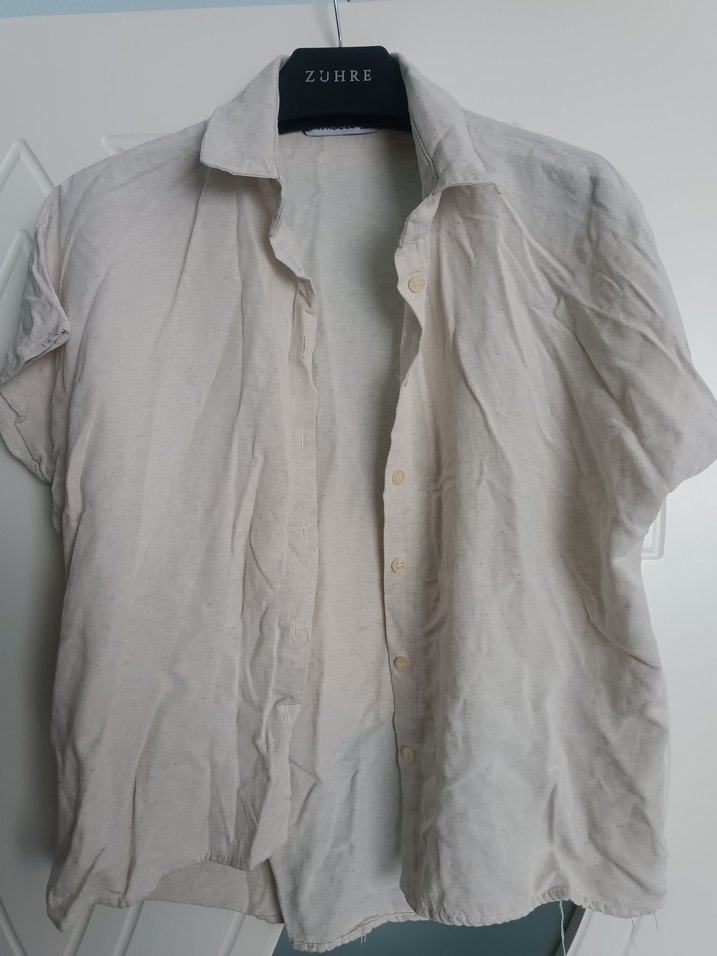 Beyaz Keten Kısa Kollu Gömlek - Görsel 3