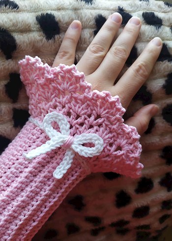 Dantel Detaylı Pembe Örgü Kadın Eldiveni - Görsel 6