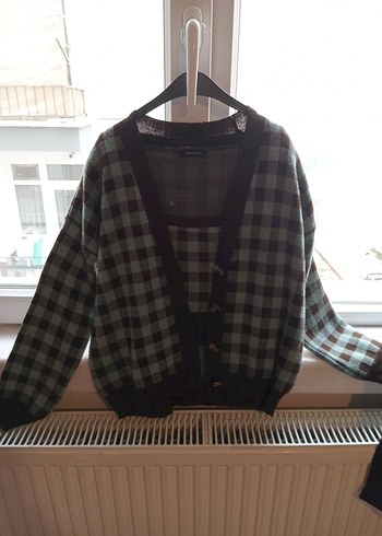 Düğmeli Kareli Kahverengi Kadın Hırka - Görsel 3