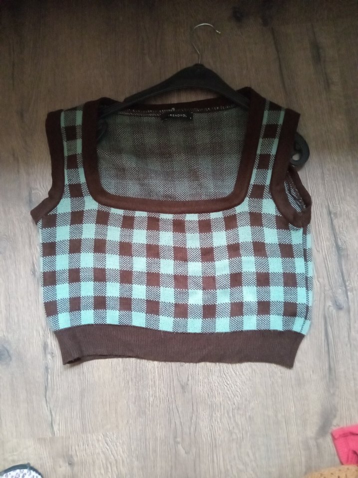 Düğmeli Kareli Kahverengi Kadın Hırka - Görsel 4