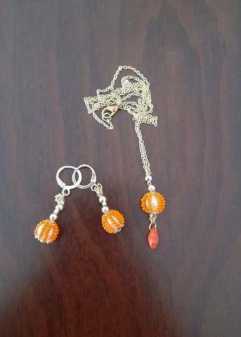 Turuncu Boncuklu Mini Bohem Kolye ve Küpe Seti - Görsel 2