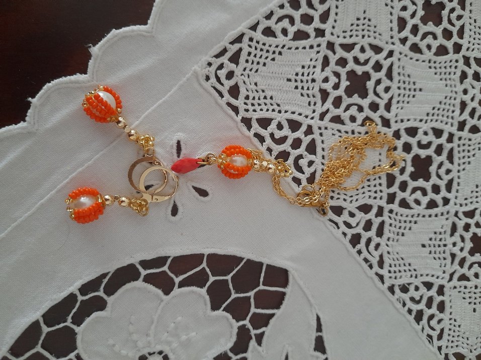 Turuncu Boncuklu Mini Bohem Kolye ve Küpe Seti - Görsel 3