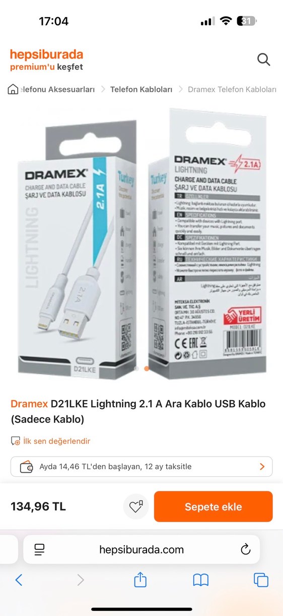 Beyaz DRAMEX Şarj ve Data Kablosu 2.1A  apple uyumlu - Görsel 2