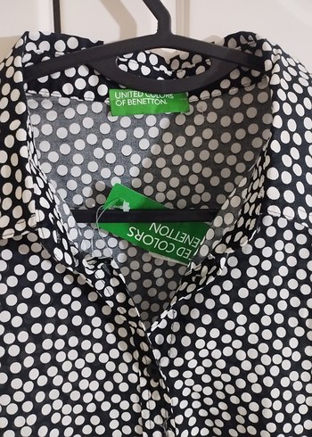 Benetton Düğmeli Uzun Kollu Siyah Beyaz Desenli Kadın Gömlek