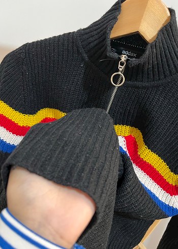 m Beden Çizgili Yarım Fermuarlı Triko Kadın Kazak