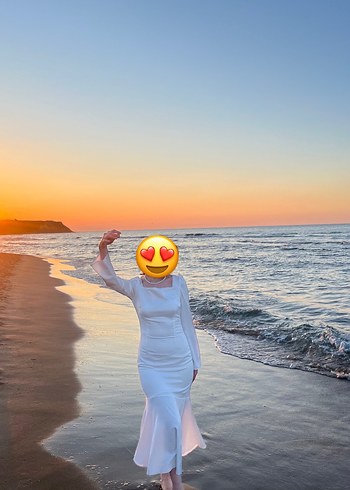 s Beden Uzun Kollu Midi Beyaz Düz Gelinlik