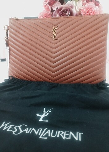  Beden Ysl Gold detaylı taba deri clutch