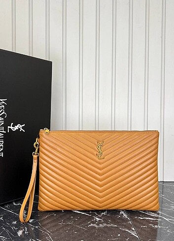 Ysl Gold detaylı taba deri clutch