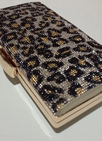 Leopar& gold taşlı abiye gece çantası