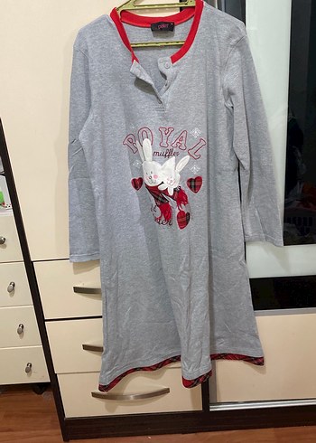 Gri Uzun Kollu Midi Kadın Pijama Elbisesi