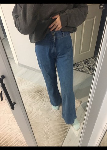 Kadın Mavi Bol Kesim Midi Boy Denim Jean