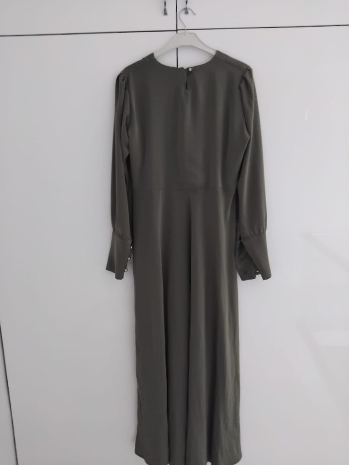 Düğmeli Gri Uzun Kollu Kadın Elbise - Görsel 3