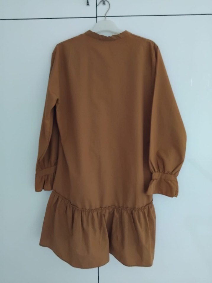 Uzun Kollu Kahverengi Keten Mini Tunik - Görsel 3