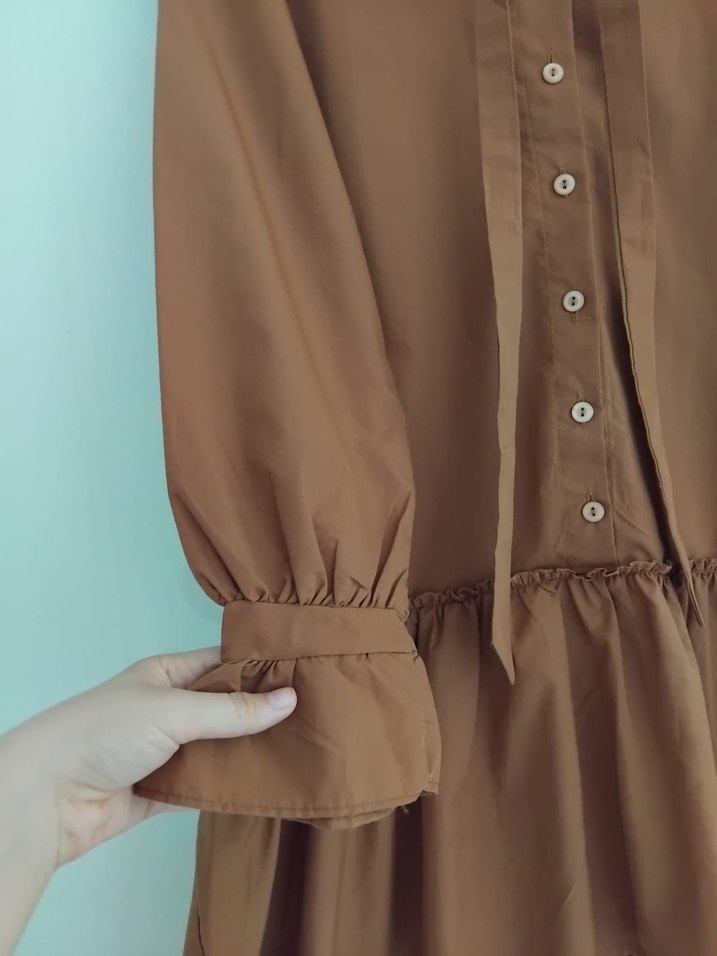 Uzun Kollu Kahverengi Keten Mini Tunik - Görsel 2